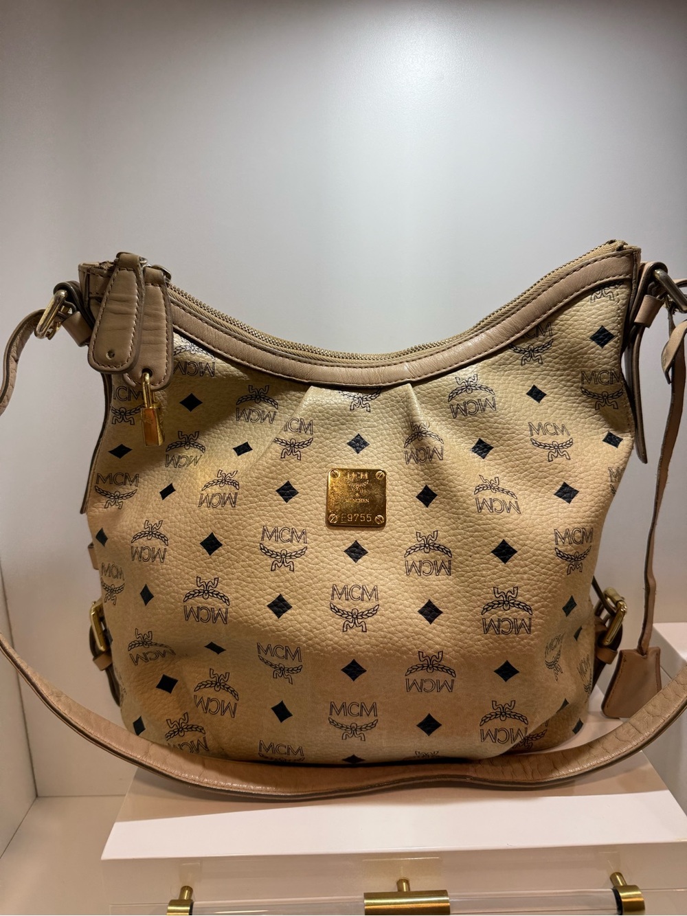 MCM Beige Visetos Crescent Shoulder Bag